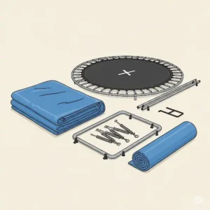 Illustration of a neatly folded trampoline and cover stored alongside a disassembled trampoline, emphasizing proper storage for longevity.