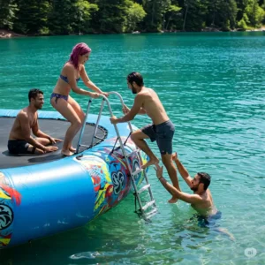 Group of friends using a ladder to climb onto an inflatable water trampoline.