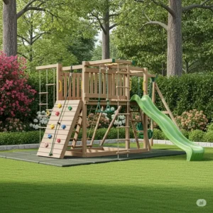An ideal outdoor jungle gym for kids setup, perfectly integrated into a green backyard space.