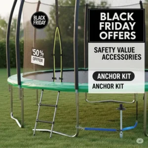 "A trampoline equipped with essential accessories like a ladder and anchor kit, illustrating added value from black friday trampoline deals."