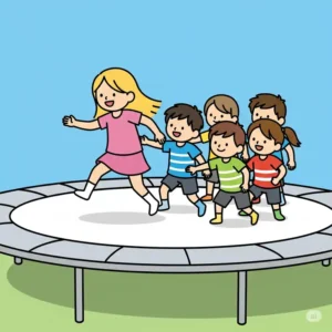 Image depicting kids on a trampoline trying to catch floating bubbles as a fun game to play on the trampoline.