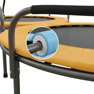 Close-up of a double mini trampoline's safety features, including a sturdy frame and padded edges, for user protection.