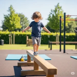 A young child carefully walking across a low balance beam in a children's outdoor gym setting, improving balance and focus.