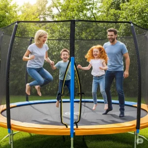 A happy family laughing and having fun on a spacious double bounce trampoline, emphasizing active outdoor play and shared enjoyment.