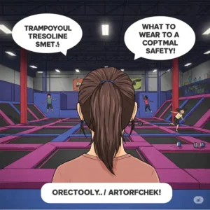 "Illustration showing hair neatly tied back, a practical tip for what to wear to a trampoline park for comfort and safety."