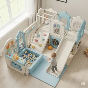 A compact **indoor playset for toddlers**, ideal for smaller spaces, showcasing its various interactive components.