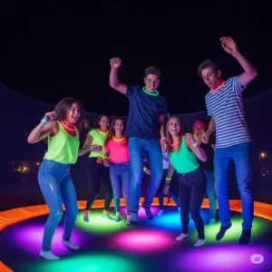Teenagers having a glow-in-the-dark party on a trampoline with lights, enjoying a night of play.