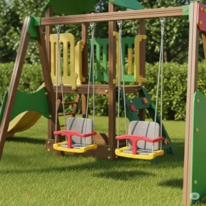 Two comfortable swings attached to a small outdoor jungle gym, designed for safe and enjoyable swinging.