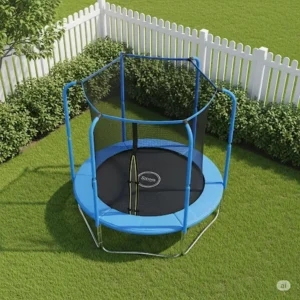 Compact trampoline designed for smaller backyards, showing efficient use of space.