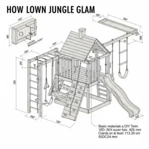 A schematic illustration of a DIY **jungle gym for backyard** plan, suggesting how to build your own play structure.