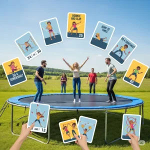Simple illustration of children playing follow-the-leader as one of the games to play on the trampoline.