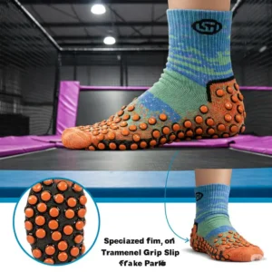 "Illustration of specialized grip socks, a recommended item for what to wear to a trampoline park for better traction."