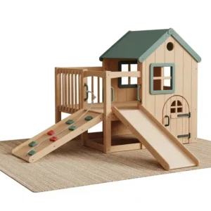 An illustration of a natural wood **indoor playset for toddlers**, emphasizing durability and aesthetic appeal.
