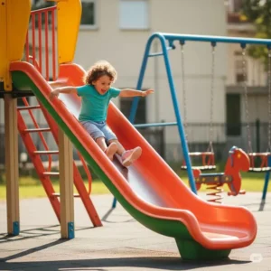 An excited child zipping down a colorful slide at a fun children's outdoor gym, emphasizing playful physical activity.