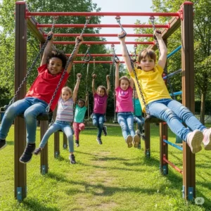 Energetic kids swinging across the monkey bars on an outdoor jungle gym for kids, building upper body strength.