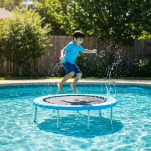 Happy child laughing and playing on a smaller-sized water trampoline.