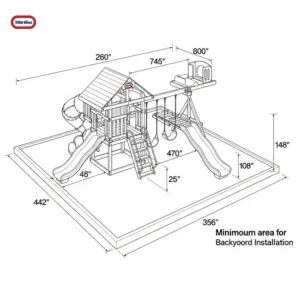 "Technical illustration displaying the typical dimensions and footprint of a little tikes jungle gym for backyard installation."