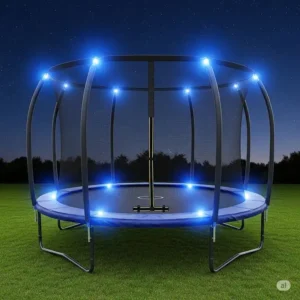 A trampoline with lights enhancing visibility around the jumping area, ensuring safe play after dark.