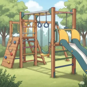  Illustrated monkey bars integrated into a small outdoor jungle gym, ideal for developing upper body strength.
