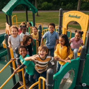 Multiple children happily playing together on an Avenlur playset, highlighting its capacity for shared fun and social interaction.
