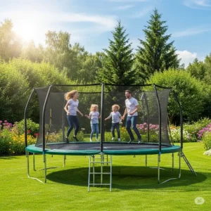A large double bounce trampoline set up in a lush green backyard, ideal for family entertainment and fitness.