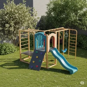 A small outdoor jungle gym fitting perfectly in a typical backyard setting, demonstrating its space-saving design.