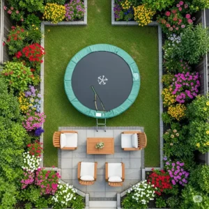 Aerial view of a backyard with a trampoline, surrounded by flower beds and outdoor seating.