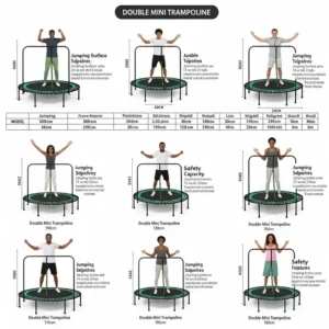 Comparison of different sizes and models of double mini trampolines, helping customers choose the best option for their needs.