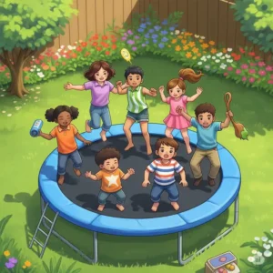 Visual concept of using cards to dictate moves for games to play on the trampoline.