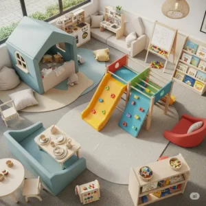 Overhead view of an **indoor playset for toddlers** as a complete activity zone, with multiple areas for exploration.