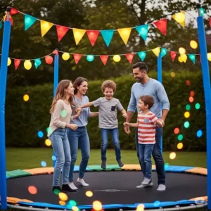 Diagram showing the easy installation of battery-powered LED lights on a trampoline with lights frame and net.