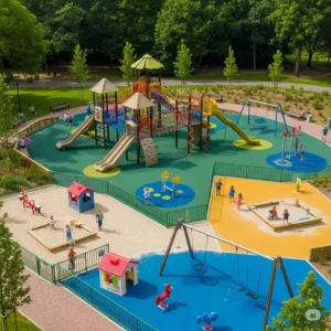 An inclusive outdoor jungle gym for kids accommodating different age groups, from toddlers to older children, for varied play.