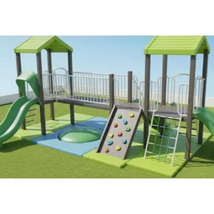 An illustration highlighting safety features of a **jungle gym for backyard**, including soft landing areas and secure railings.