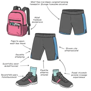 "Illustration suggesting how to securely carry small items, advising on what to wear to a trampoline park and how to manage belongings."