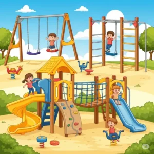 An illustration showcasing a complete set of children's outdoor gym equipment, including swings, climbers, and a play structure.