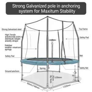 Illustration of parents supervising children playing on a trampoline and safety net, highlighting the added security.