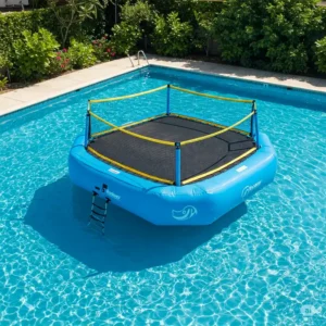 Water trampoline featuring a safety net enclosure for secure bouncing.