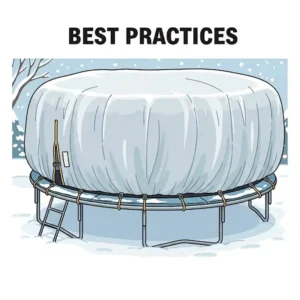 An illustration of a trampoline and cover fully covering a trampoline for winter, demonstrating best practices for protecting your trampoline during colder months.