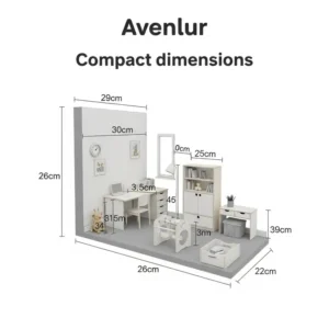 Graphic illustrating the compact dimensions of an Avenlur playset, helping parents visualize its fit in various indoor spaces.