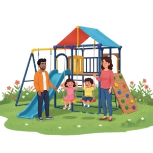 An illustration of a family enjoying their **jungle gym for backyard**, emphasizing outdoor play and family time.