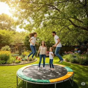 Family enjoying quality time together on a trampoline in a vibrant, family-friendly backyard.