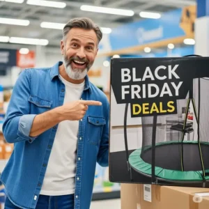 "A smiling person pointing to a trampoline box clearly marked with 'black friday trampoline deals,' symbolizing the joy of finding great savings on trampolines."