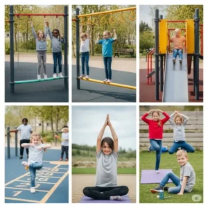 Kids engaging in various healthy exercises and play activities at a modern children's outdoor gym, promoting physical fitness and outdoor enjoyment.