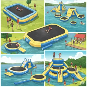 Illustration showcasing various shapes and sizes of inflatable water trampolines for different uses.