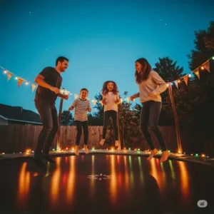 A family enjoying quality time together on a trampoline with lights, perfect for evening outdoor activities.