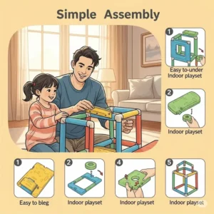 Illustration highlighting the easy assembly process of an **indoor playset for toddlers**, showing a parent and toddler interacting with it.