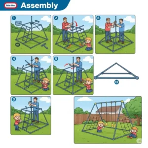"Step-by-step illustration depicting the easy assembly process of a little tikes jungle gym for home setup."