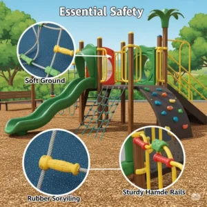 Illustration highlighting essential safety features of an outdoor jungle gym for kids, such as soft ground surfacing and secure handrails.