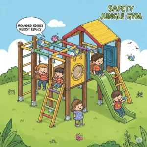 Illustration emphasizing the safety features of a small outdoor jungle gym, including rounded edges and sturdy construction.