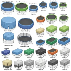Illustration displaying various forms of a trampoline and cover in different sizes and shapes (round, rectangular) to fit diverse trampoline models.